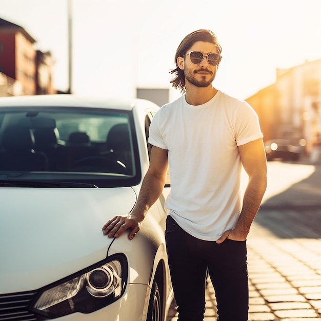 Foto Portret van luxe auto met knappe stijlvolle zakenman