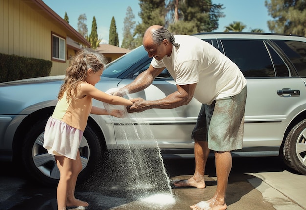 Foto portret van man mensen gezin kinderen kinderen wassen schoonmaken auto