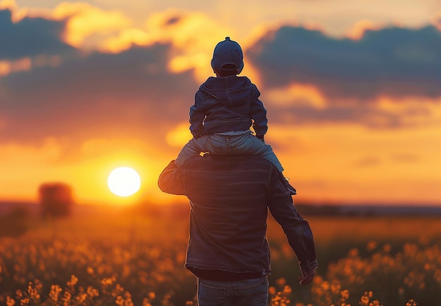 Foto portret van vader houdt een kind op zijn schouders in een veld bij zonsondergang