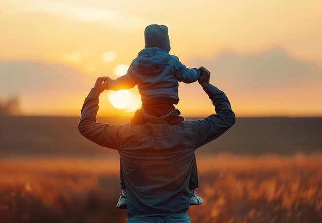 Foto foto portret van vader houdt een kind op zijn schouders in een veld bij zonsondergang