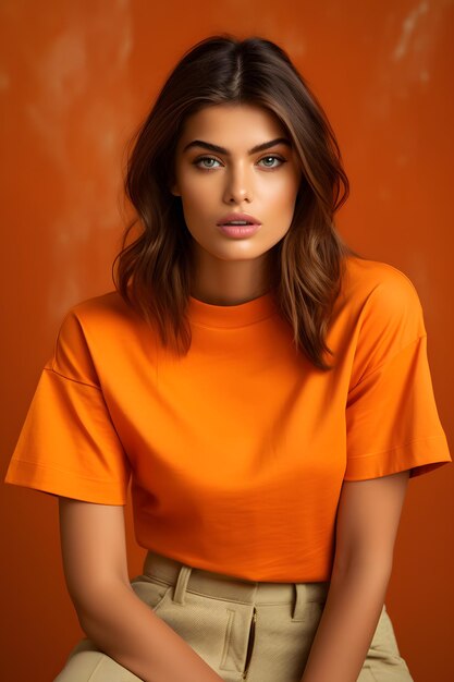 foto portret voor tijdschriftomslag mooie vrouw poseren in oranje katoenen shirt met ronde hals model