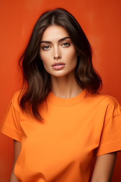 foto portret voor tijdschriftomslag mooie vrouw poseren in oranje katoenen shirt met ronde hals model