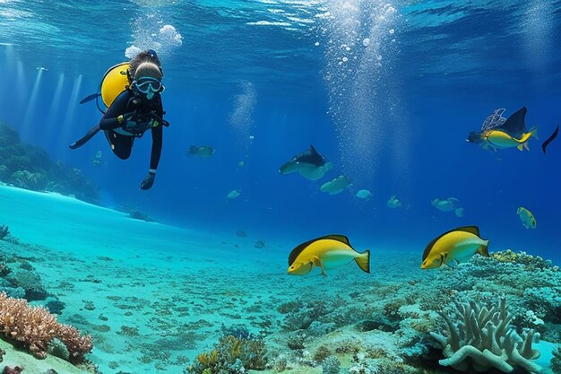 Foto foto prachtig onderwater panoramisch uitzicht met tropische vissen en koraalriffen