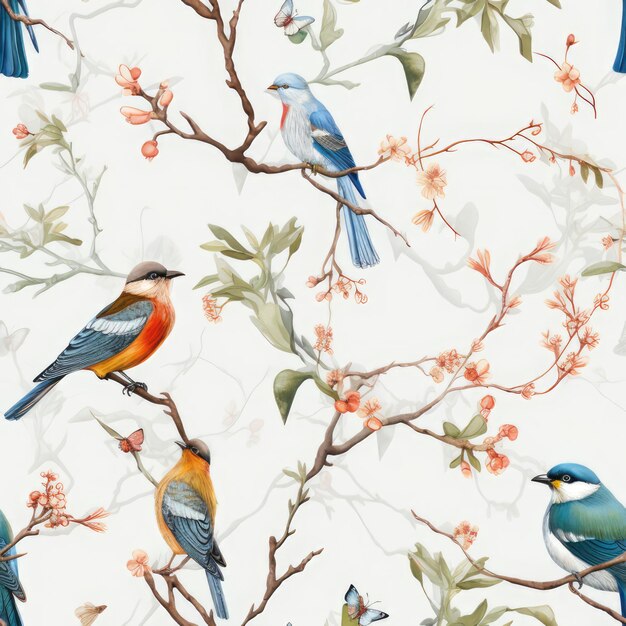 Foto prachtige aquarel naadloos patroon met vogels op tak
