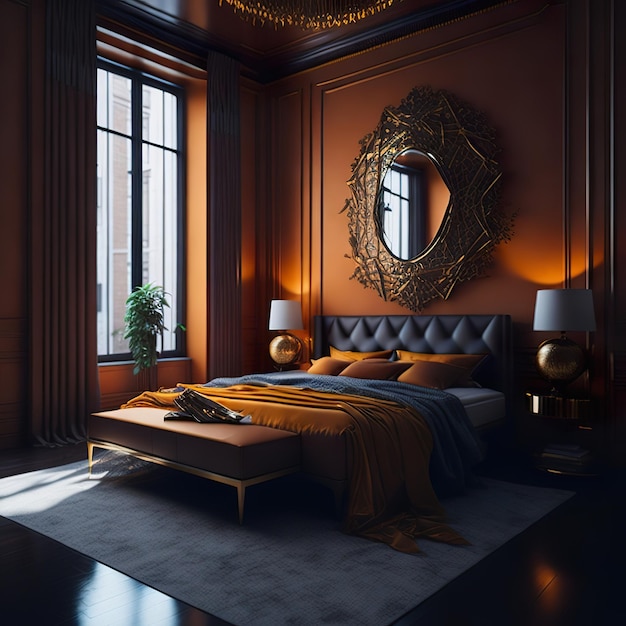 Foto prachtige slaapkamer met gouden details en luxe meubels