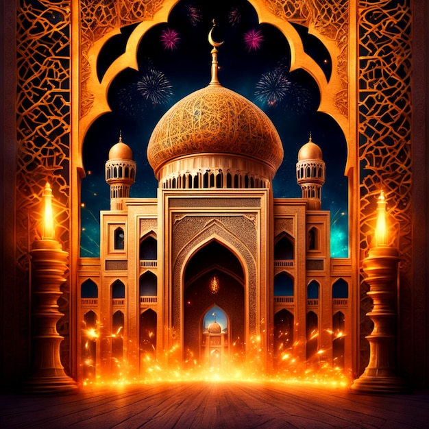 foto ramadan kareem eid mubarak koninklijke elegante lamp met moskee heilige poort met vuurwerk