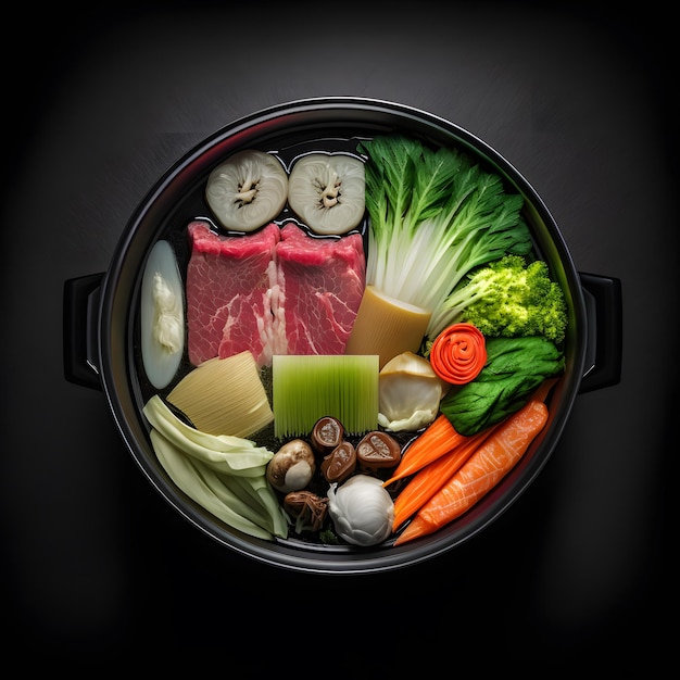 foto rauw vlees en verse groente voor hot pot shabu menu food fotografie