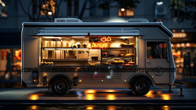 Foto foto realistisch concept hoogresolutie afbeelding van een foodtruck die klanten bedient met glanzende achtergrond