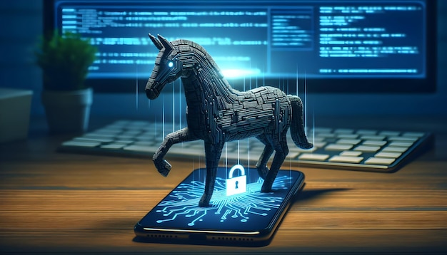 Foto-realistisch Trojaans Paard Waarschuwingsbord waarschuwing voor verborgen software gevaren in de cybersecurity th