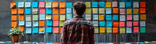 Foto foto realistisch van werknemer prioritizing tasks met sticky notes concept showcasing time management