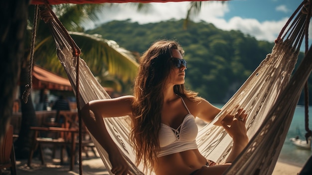 Foto reis zomervakantie concept Gelukkige reiziger vrouw met hoed en jurk ontspannen gegenereerd door AI