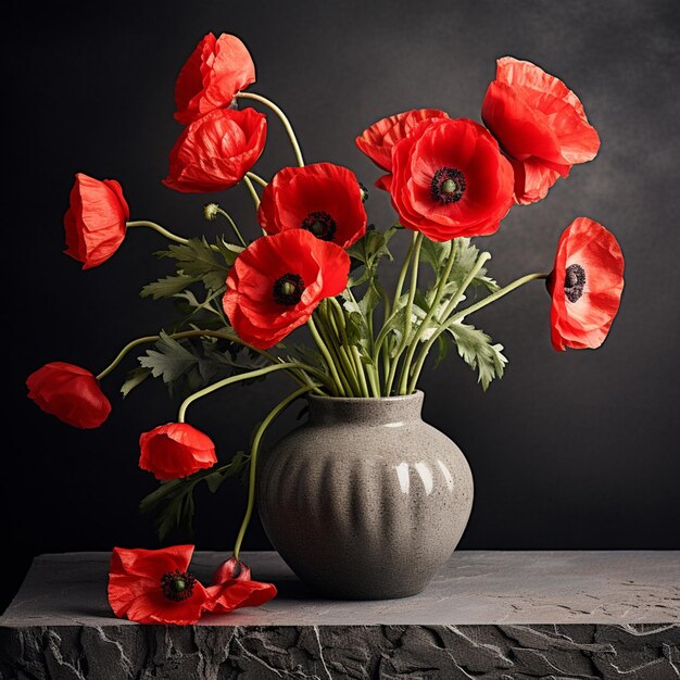 Foto foto rode papaver in een vaas op een donkergrijze rots achtergrond bloemenontwerp