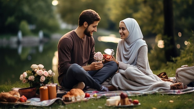 Foto romantisch koppel islamitisch met een picknick