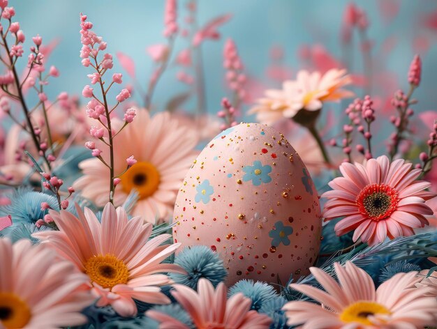 Foto roze madeliefje met paasei op de pastel achtergrond