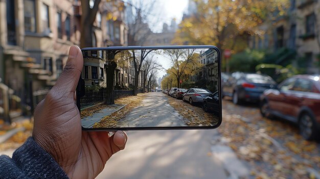 Foto foto's maken met een smartphone van de herfststraat