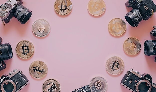 Foto's van cryptocurrencies gerangschikt in een cirkelvormig patroon