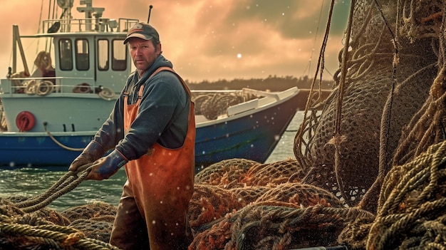 Foto foto's van een visser die zijn vangst lost in de haven van maine portland maine genereer ai