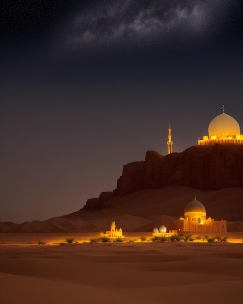 foto's van prachtige moskeeën's nachts in de woestijn