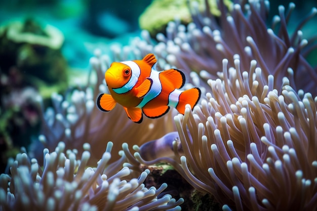 foto schattige anemoonvissen die op het koraalrif spelen mooie kleuren anemoonvissen op koraalfeefs