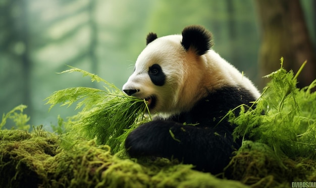 Foto schattige hongerige pandabeer die bamboe eet