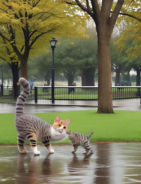 foto schattige jongen speelt met kat door AI