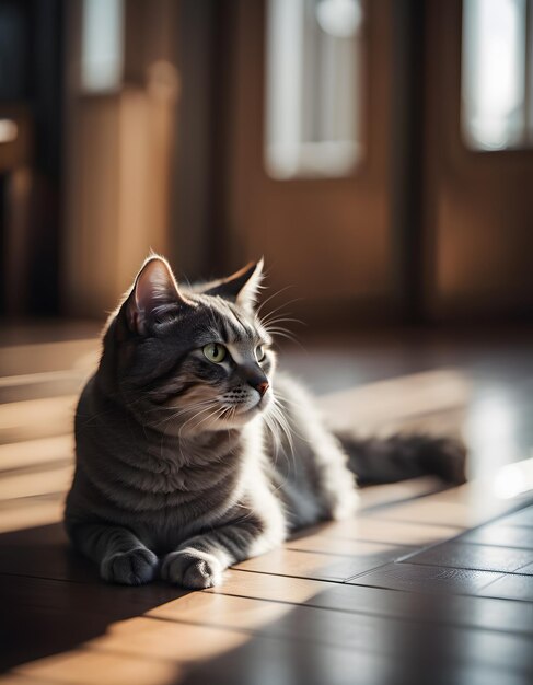 Foto schattige kat zonnebadend op de vloer in een huis