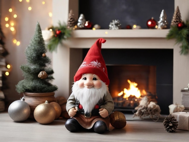 Foto schattige kerst gnome en feestelijk decor op de open haard thuis