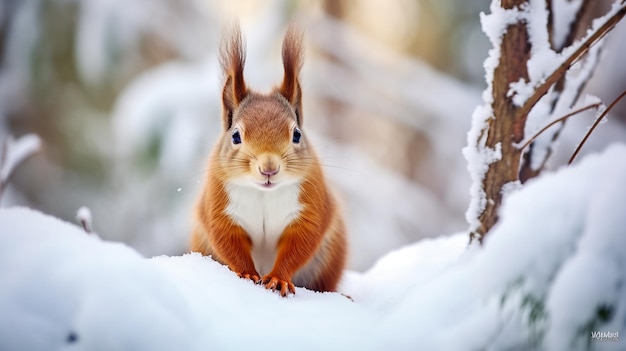 Foto schattige rode eekhoorn eet een noot in de winter