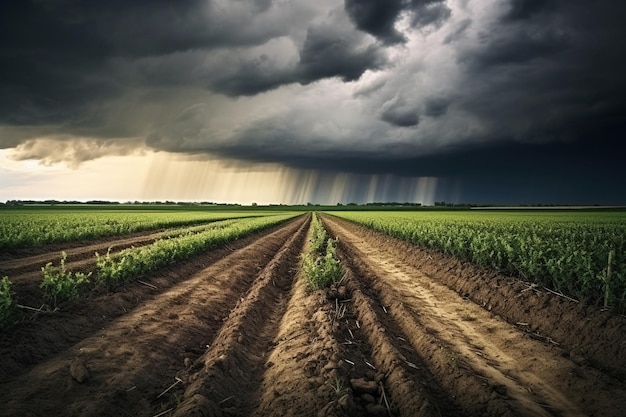 Foto schilderachtig uitzicht op een landbouwveld tegen stormwolken