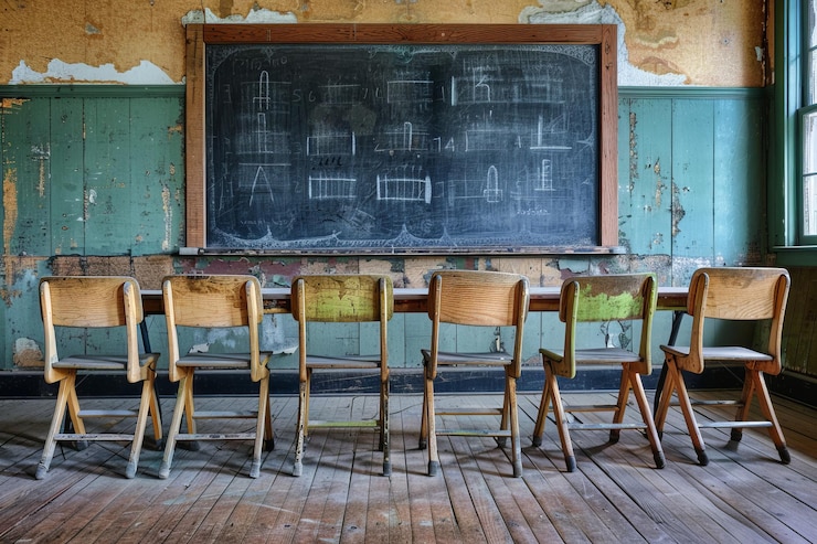 Foto foto school klaslokaal met stoelen bureaus en krijtbord student kennis