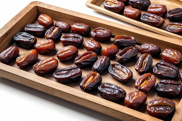 Foto schotel met vers gedroogde Arabische dadels geïsoleerd op vierkante plaat voor ramadan iftar