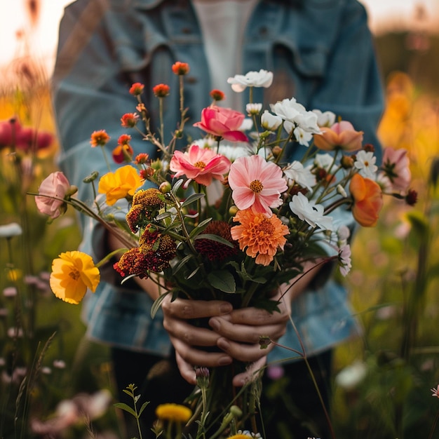 foto selectieve focus shot van iemand die een boeket verschillende bloemen buiten vasthoudt