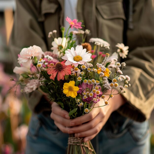 foto selectieve focus shot van iemand die een boeket verschillende bloemen buiten vasthoudt