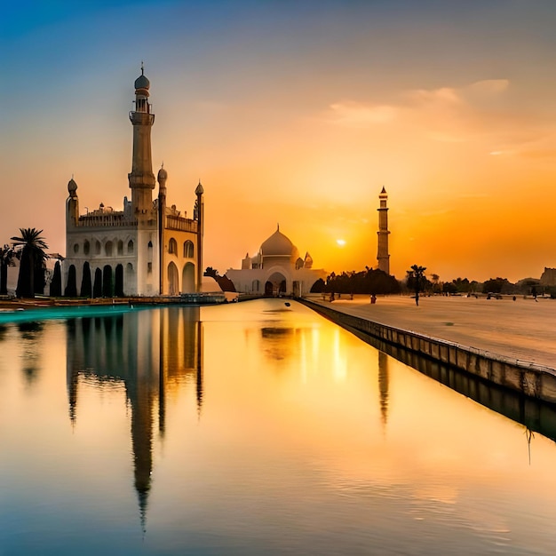 Foto foto serene moskee islamitisch gebouw bij zonsondergang reflecterend op het water