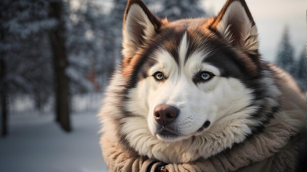 foto Siberische husky rashond op winterseizoen