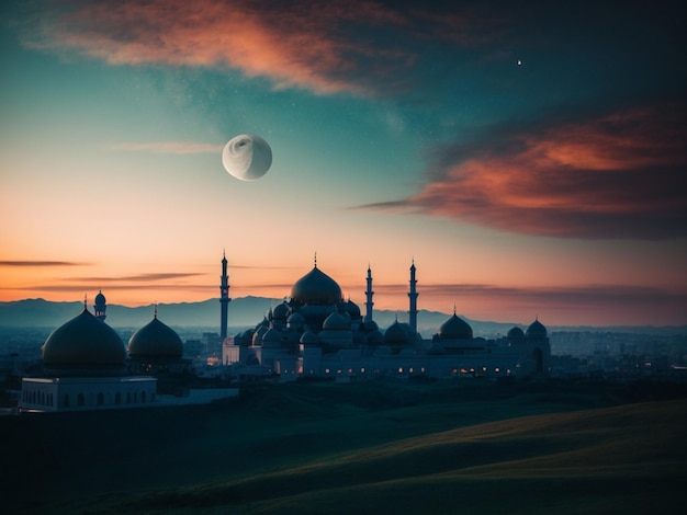 Foto silhouet koepel moskeeën op schemering hemel en halve maan