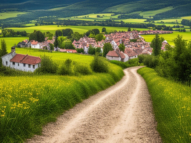 foto smal pad in een veld op de achtergrond van een dorp