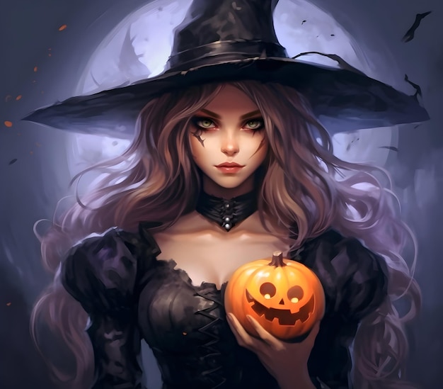 Foto Spooky 3D Witch Girl illustratie voor Halloween-dag met kwaad gezicht pompoen generatief