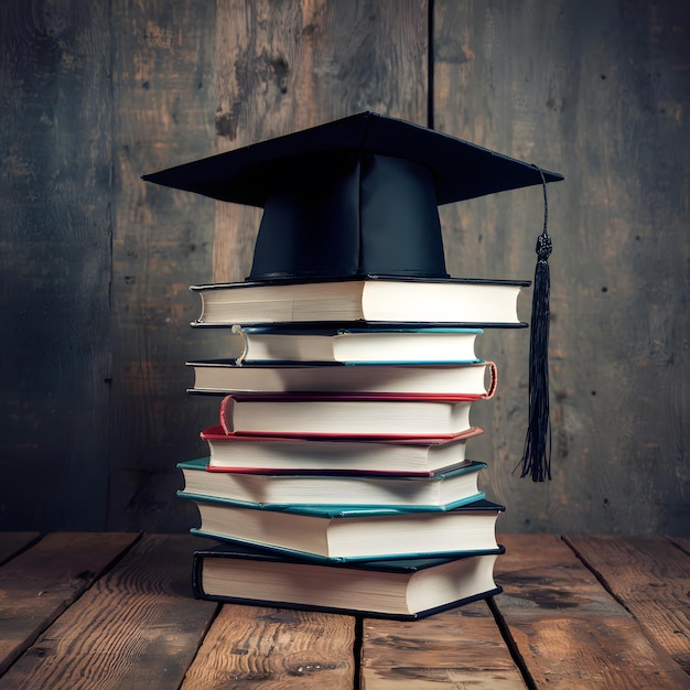 Foto Stapel boeken met mortelplaten bovenop die academische prestaties en succes bij het afstuderen symboliseren