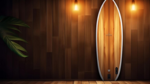 Foto surfplank mager in houten muur kopie ruimte en blad ai gegenereerd