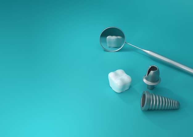 Foto tandheelkundige implantaten chirurgie 3D-rendering op een blauwe achtergrond