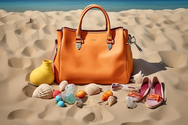 foto tas met strand accessoires bewaard op zand