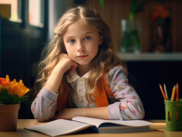 Foto foto terug naar school schattig kind schoolmeisjes zitten aan een bureau in een kamer