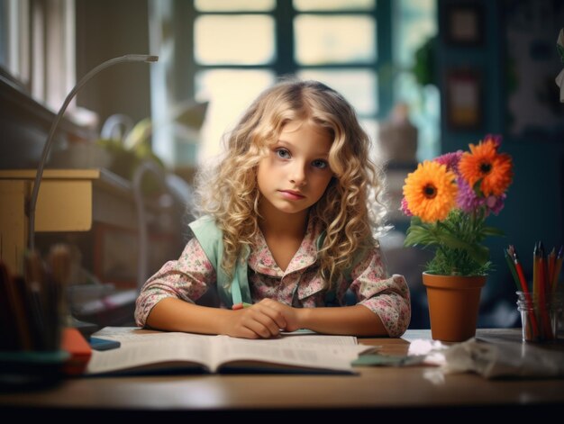 Foto foto terug naar school schattig kind schoolmeisjes zitten aan een bureau in een kamer