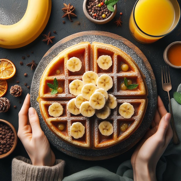 foto top view Belgische wafel met banaan