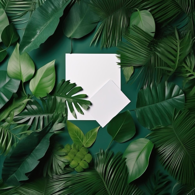 Foto Tropische bladeren met papier van gegenereerde ai tropische bladeren met papier
