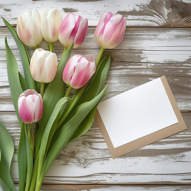 Foto tulpenbloemen en groetekaartje op tafel