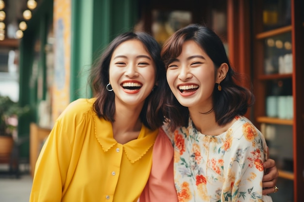 Foto twee aziatische vrouw met papieren kleurrijke tas met glimlach en blij na het winkelen