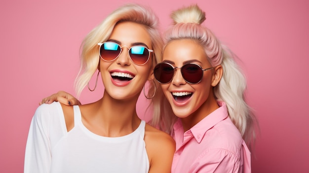 foto twee jonge brunette en blonde modellen poseren op stdio gegenereerd door AI