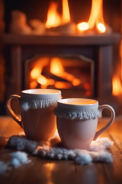 Foto twee mokken voor thee- of koffiewoldingen bij de gezellige open haard in de wintervakantie in een landhuis